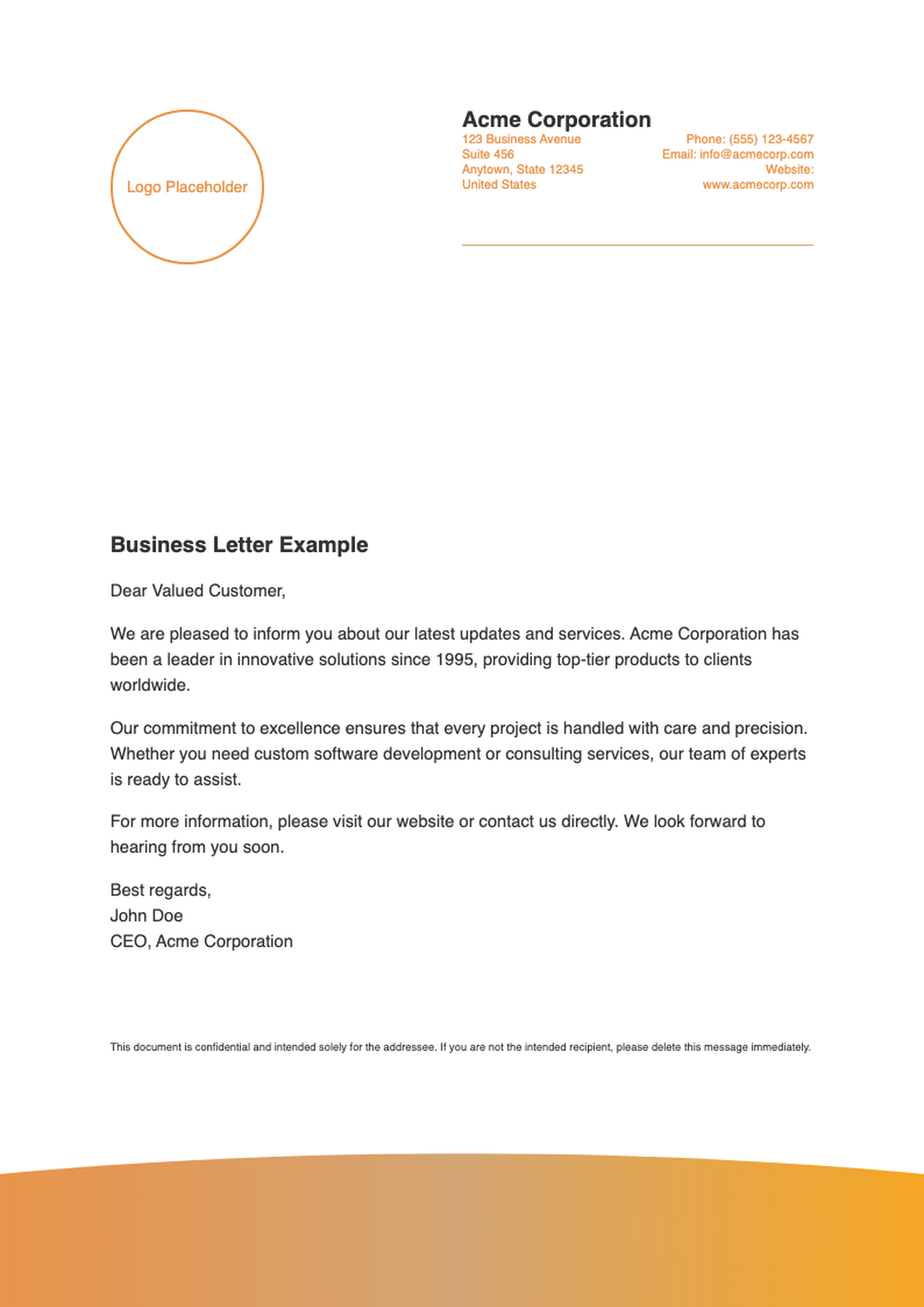 Professional letterhead template with orange wave design and editable fields_variant_1